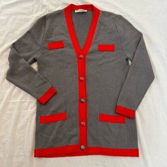 Womens St. John Cardigan Sweater Sz 10 Button-Down Gray/Red color block piping - Picture 1 of 5